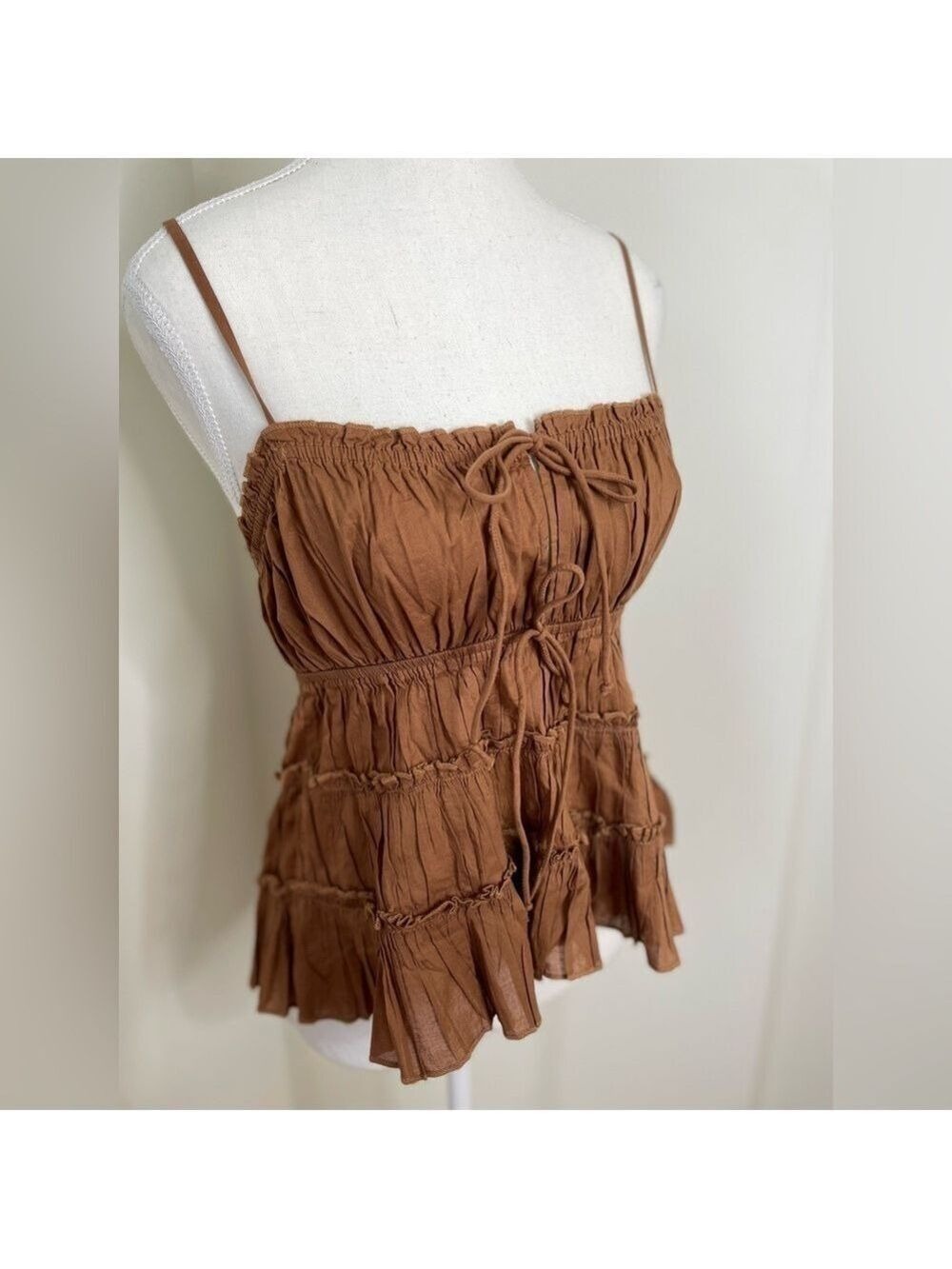 NWT Aerie Brown Tie Front Tiered Tank Top M - Picture 6 of 16